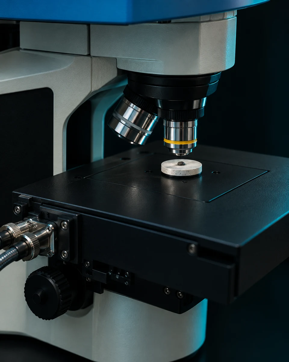 Close-up of a Raman microscope objective and sample stage